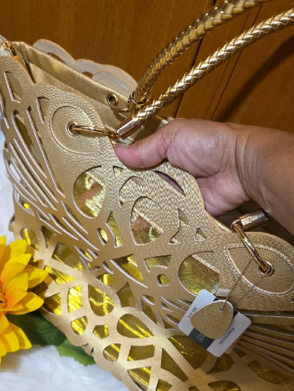 Mellow World Gold Laser-Cut Tote with Braided Handles - Picture 7 of 16